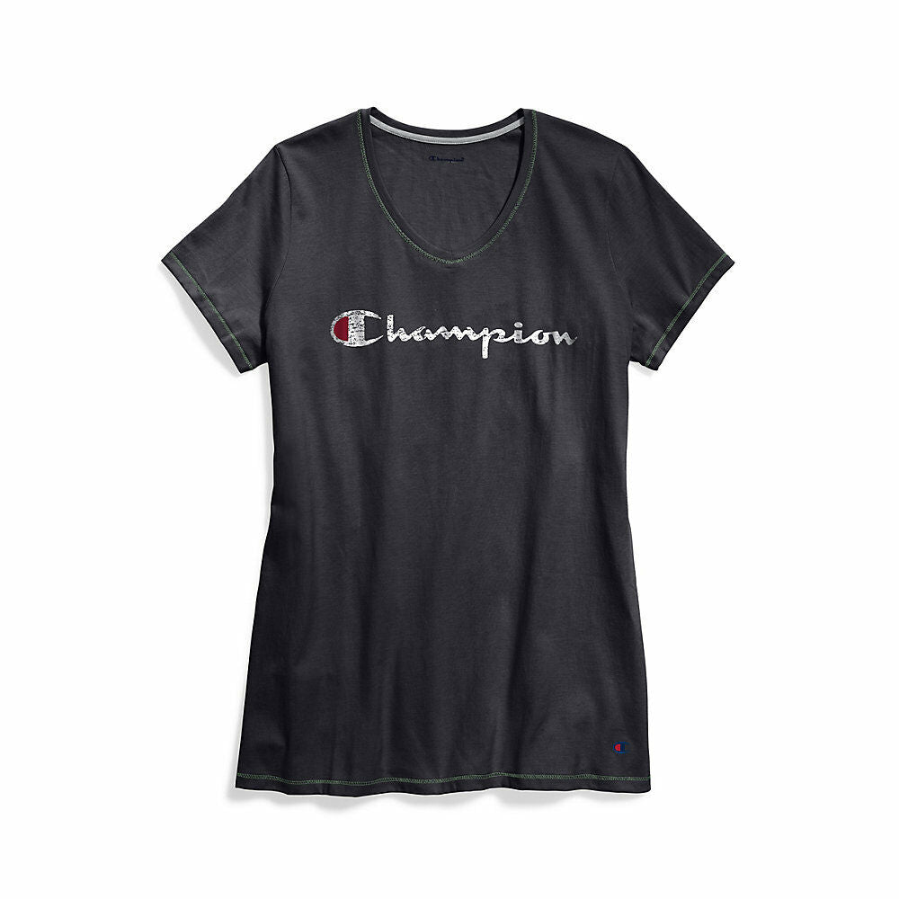 Champion Women Plus Jersey V-Neck Tee Graphic-Classic Script QW124G Y07245
