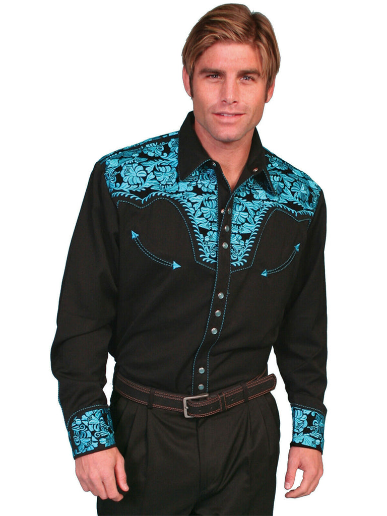 Scully Men's Western Shirt Poly Blend Floral Tooled Stitch Long Sleeve P-634