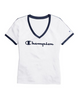 Champion Women's Heritage V-Neck Ringer Tee, Flocked Script Logo W4915