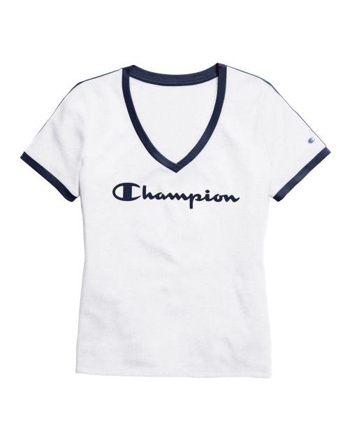Champion Women's Heritage V-Neck Ringer Tee, Flocked Script Logo W4915