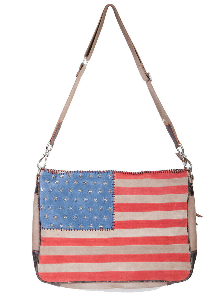 Scully Leather Handbag Womens Tan Suede Shoulder Tote American Flag B124