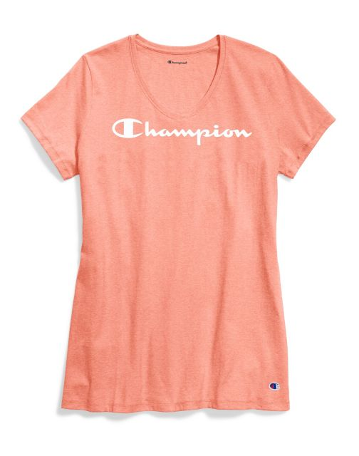 Champion Women's Jersey V-Neck Tee, White Logo W5006G Y07588