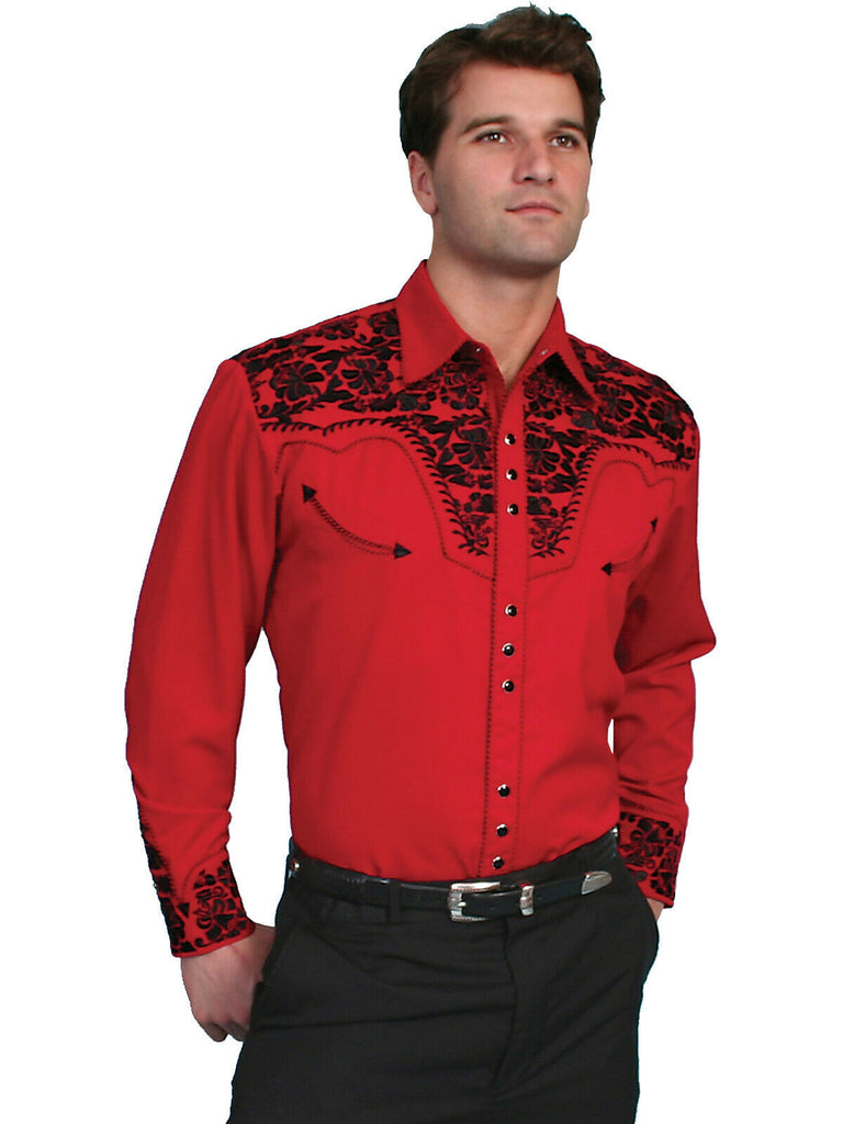 Scully Men's Western Shirt Poly Blend Floral Tooled Stitch Long Sleeve P-634