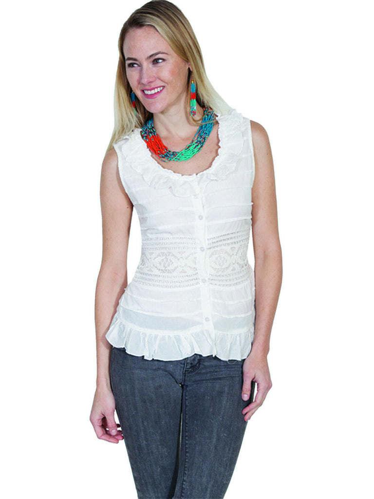 Scully Cantina Womens Ivory 100% Cotton Ruffle Neck Lace Tank Top PSL-135
