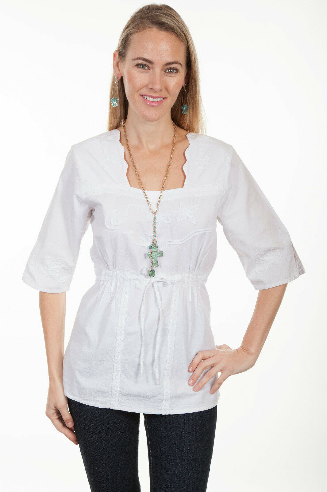 Scully Womens White Silk Blend Lace 3/4 Sleeve Blouse PSL-179