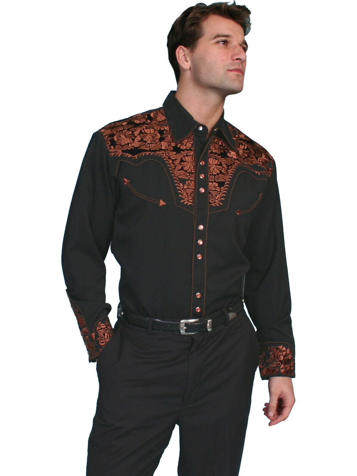 Scully Men's Western Shirt Poly Blend Floral Tooled Stitch Long Sleeve P-634