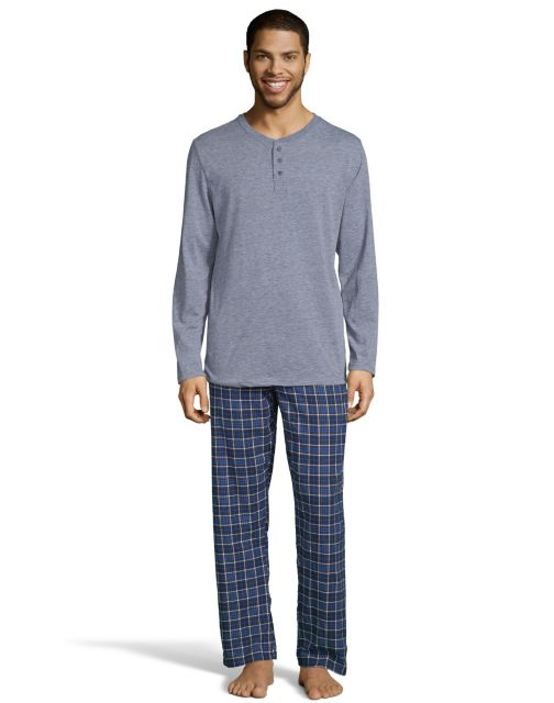 Hanes Men's Henley Crew with Flannel Pant PJ Set 3003B