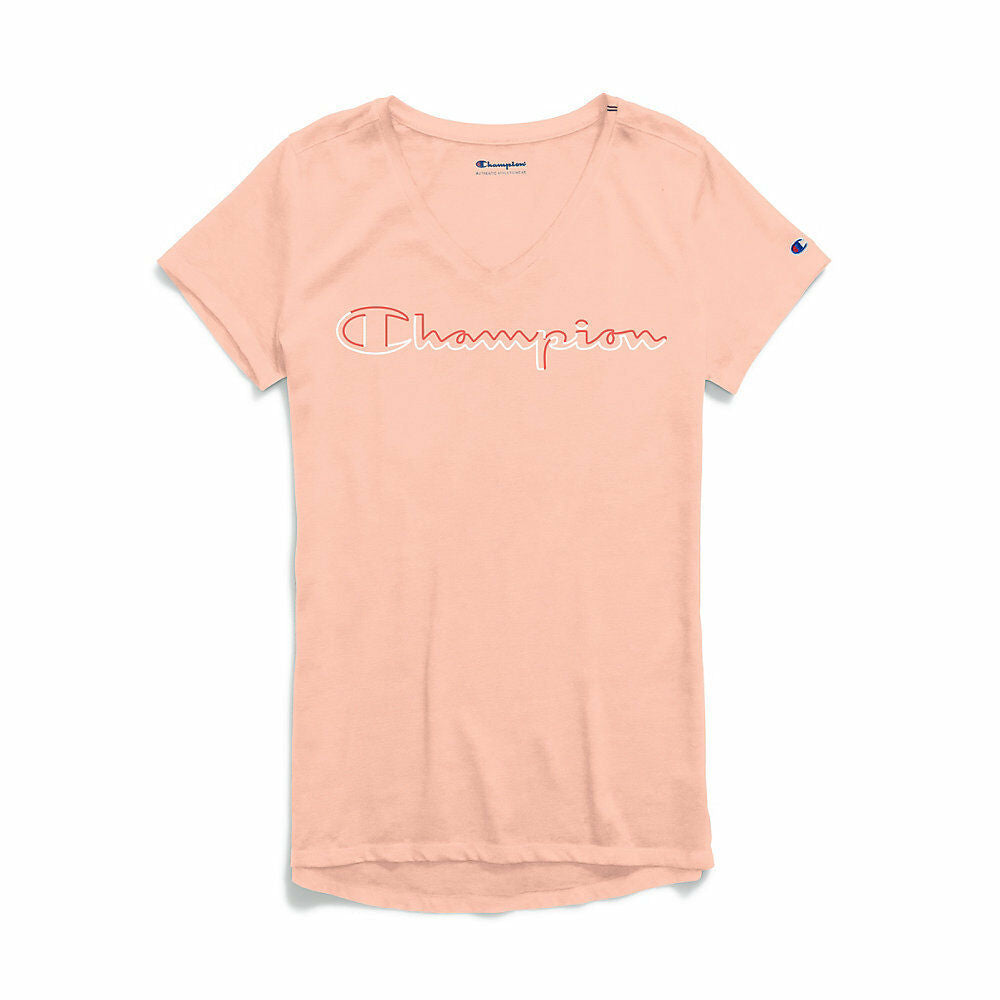 Champion Women's Authentic Wash V-Neck Tee, Colorblock Logo W0821G 549933