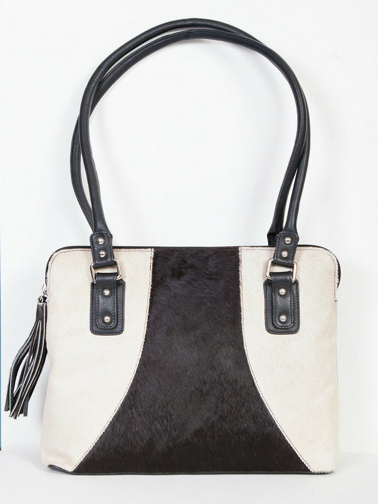 Scully Leather Handbag Womens Black/White Hair on Calf Shoulder Tote B104