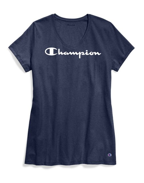 Champion Women's Jersey V-Neck Tee, White Logo W5006G Y07588