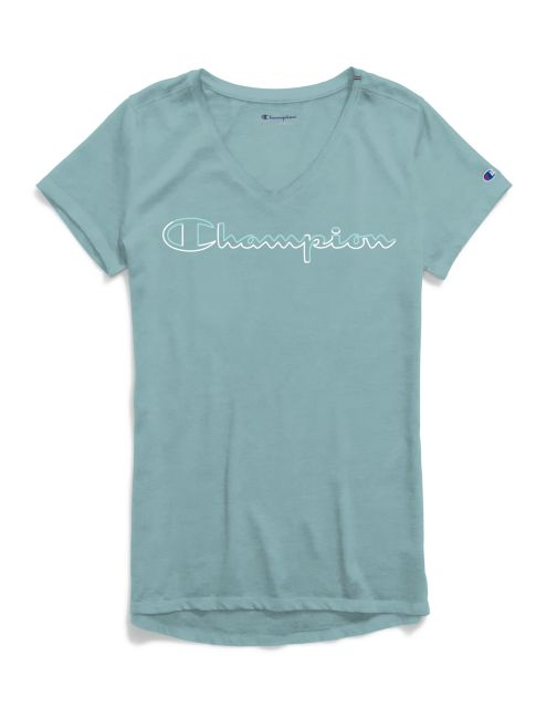 Champion Women's Authentic Wash V-Neck Tee, Colorblock Logo W0821G 549933