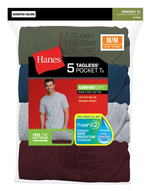Hanes Men's FreshIQ® ComfortSoft® Dyed Asstd Colors Pocket T-Shirt 5-Pack 2176A5