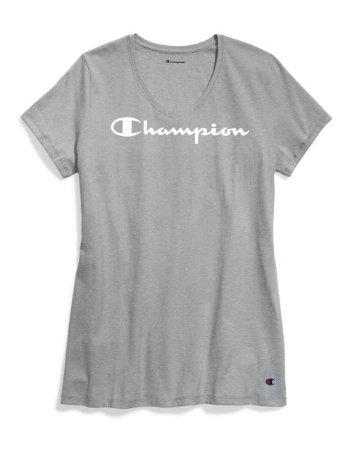 Champion Women's Jersey V-Neck Tee, White Logo W5006G Y07588