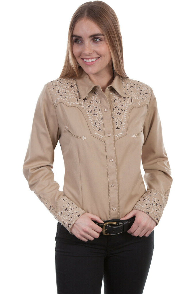 Scully Women's Poly/Rayon Scroll Long Sleeve Western Embroidered Blouse PL-866