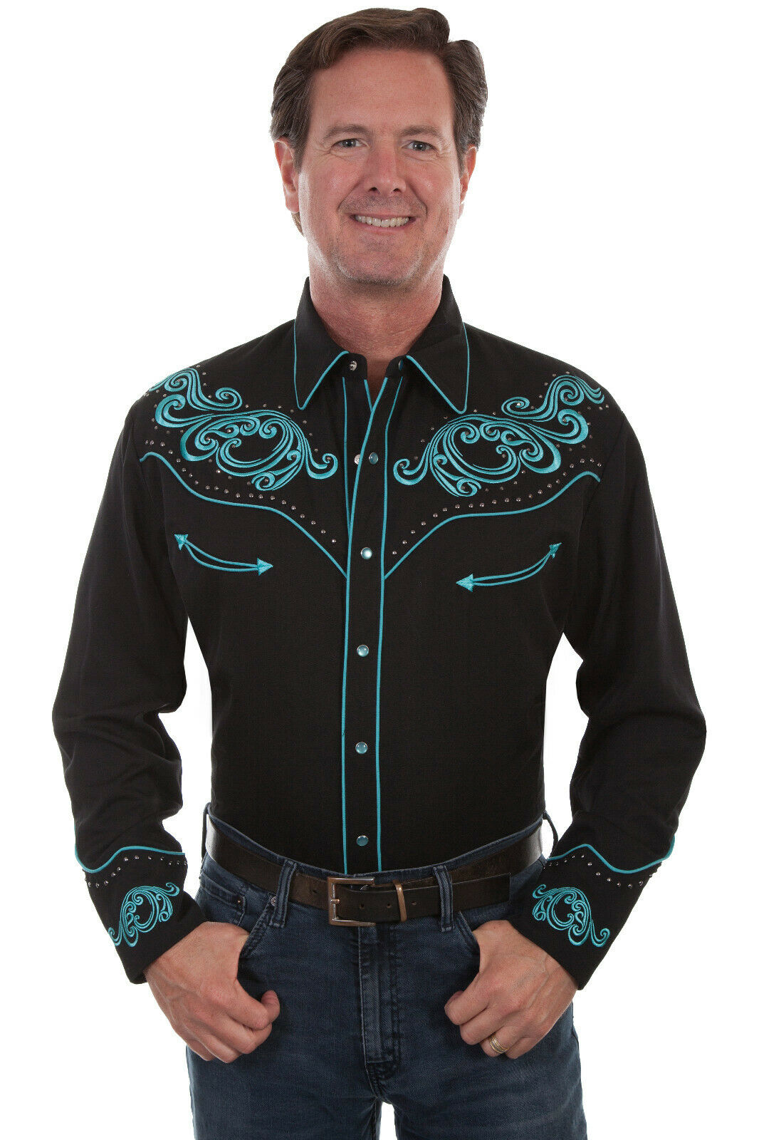Scully Men's Poly/Rayon Stud Scroll Long Sleeve Western Shirt P-875