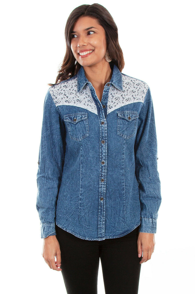 Scully Women's Denim Cotton Lace Western Long Sleeve Blouse HC476