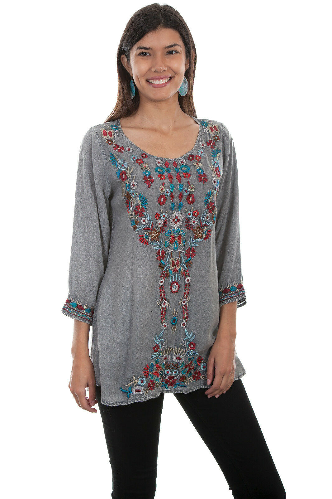 Scully Women's Gray Bold Floral 3/4 Sleeve Blouse HC509