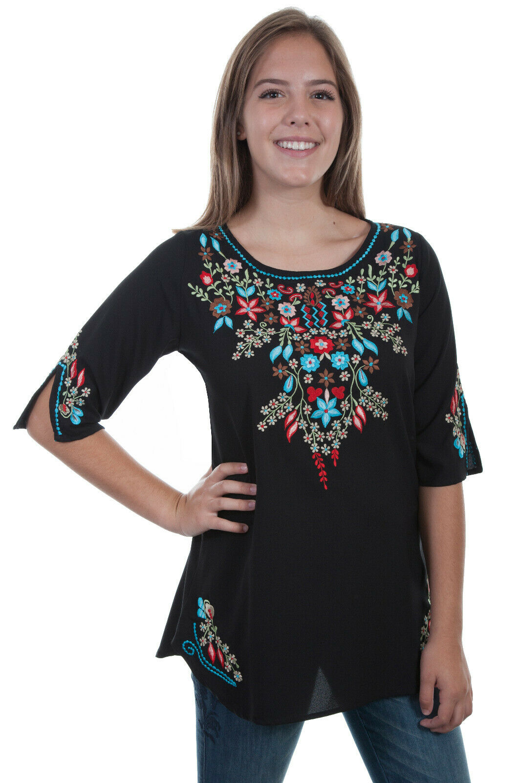 Scully Womens Embroidered Pullover Elbow Sleeve Tunic HC387