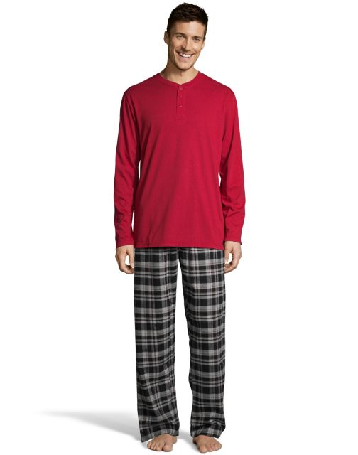 Hanes Men's Henley Crew with Flannel Pant PJ Set 3003B