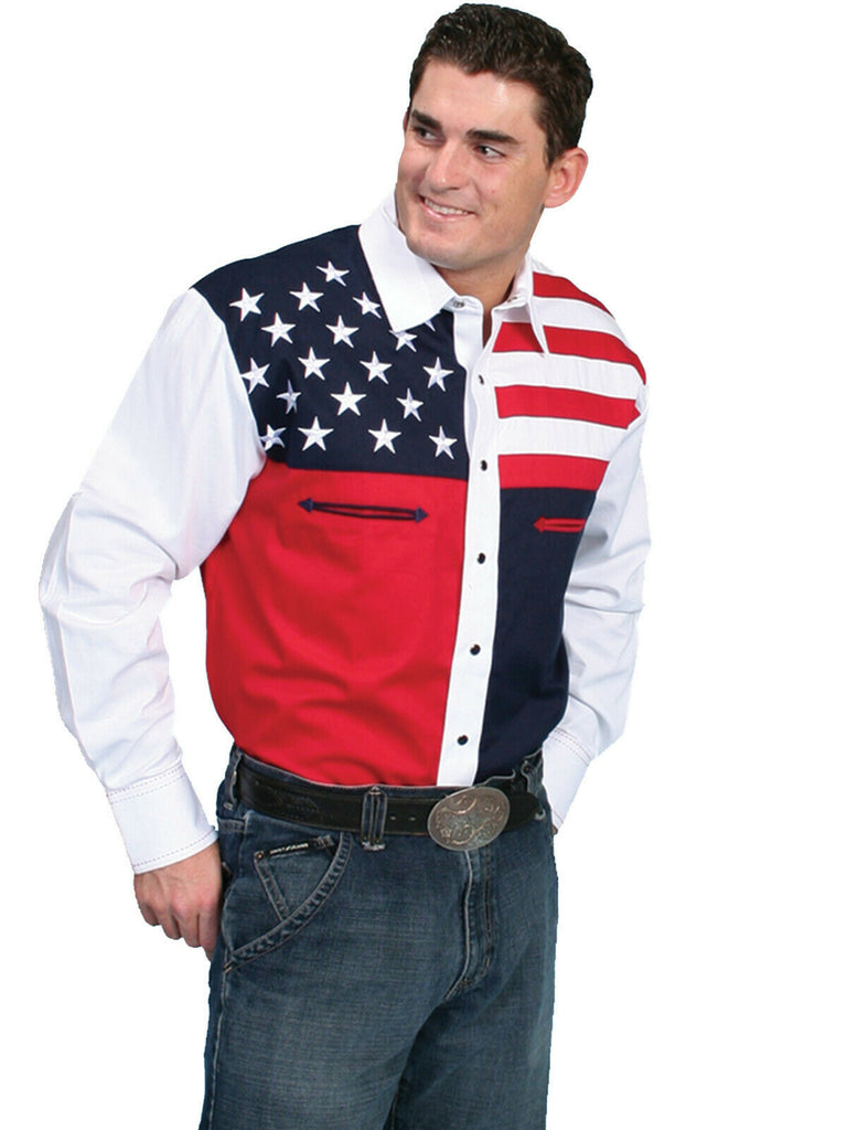Scully Men's Shirt Western 100% Cotton Patriot American Flag Long Sleeve P-756