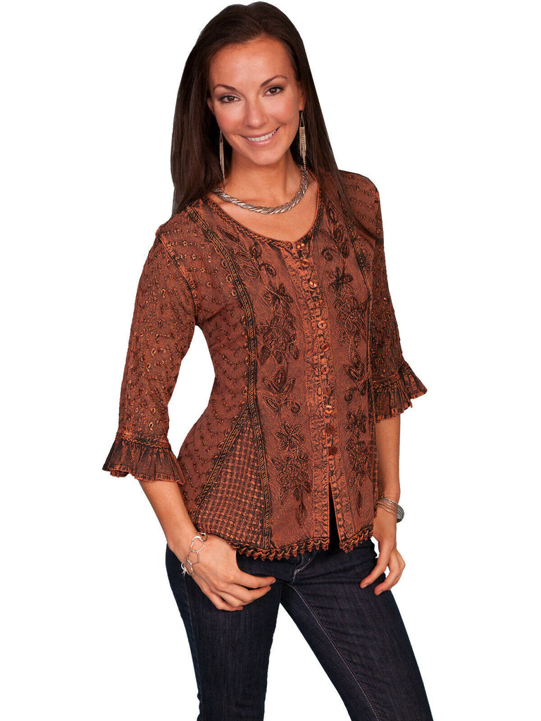 Scully Women's Blouse Embroidered 3/4 Sleeve HC67