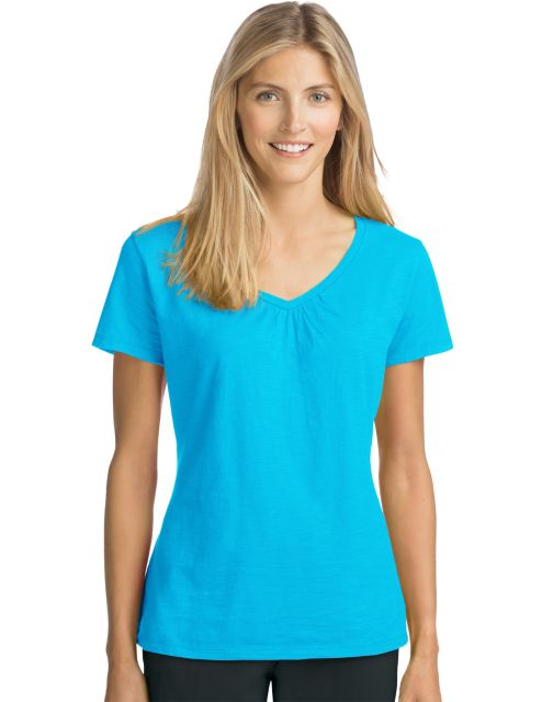 Hanes Women's Slub Jersey Shirred V-Neck O9253