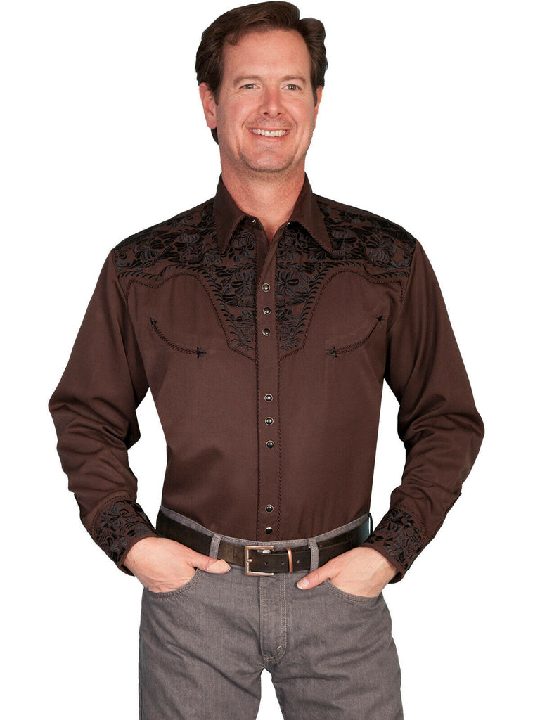 Scully Men's Western Shirt Poly Blend Floral Tooled Stitch Long Sleeve P-634